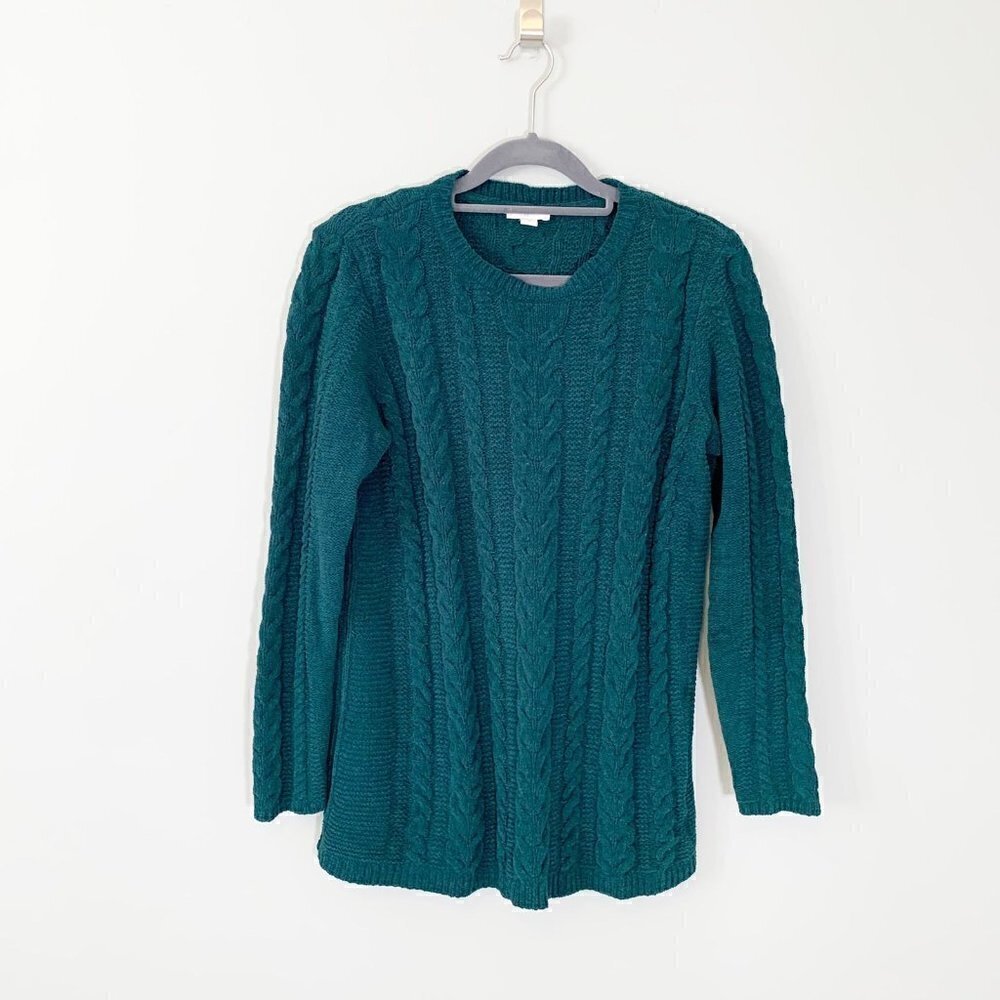 J. Jill Cable Knit Chenille Sweater Women XS Teal Green‎ Crew Neck Tunic Relaxed